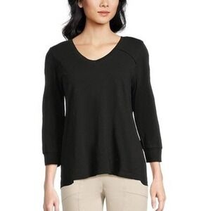 ELLIOTT LAUREN Black Cotton Enzyme Wash Jersey V-Neck 3/4 Sleeve Top Women Small
